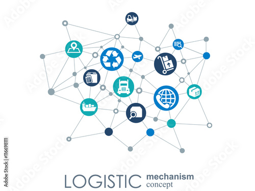 LOGISTIC mechanism concept. distribution, delivery, service, shipping, logistic, transport, market concepts. Abstract background with connected objects. Vector illustration.