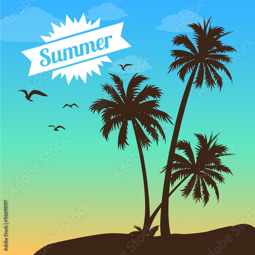 Illustration of the beach and ocean with palm trees and sailing. Summer time. © iiierlok_xolms