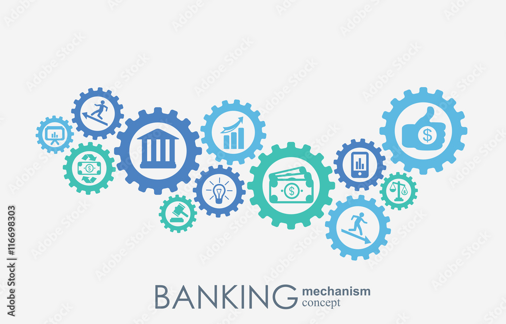 Banking mechanism. Abstract background with connected gears and integrated flat icons. Connected symbols for money, card, bank, business and finance concepts. Vector interactive illustration Banking mechanism. Abstract background with connected gears and integrated flat icons. Connected symbols for money, card, bank, business and finance concepts. Vector interactive illustration