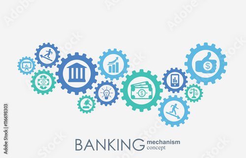 Banking mechanism. Abstract background with connected gears and integrated flat icons. Connected symbols for money, card, bank, business and finance concepts. Vector interactive illustration