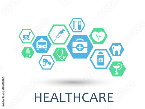 Healthcare mechanism concept. Abstract background with connected gears and icons for medical, health, strategy, care, medicine, network, social media and global concepts. Vector infographic.