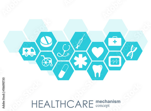 Healthcare mechanism concept. Abstract background with connected gears and icons for medical, health, strategy, care, medicine, network, social media and global concepts. Vector infographic.