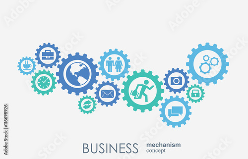 Business mechanism concept. Abstract background with connected gears and icons for strategy  service  analytics  research  seo  digital marketing  communicate concepts. Vector infographic illustration