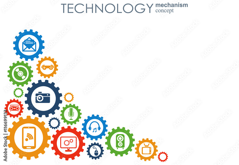 Technology mechanism concept. Abstract background with integrated gears and icons for digital, strategy, internet, network, connect, communicate, social media and global concepts. Vector infographic.