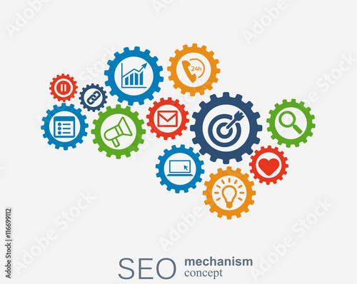 SEO mechanism concept. Abstract background with integrated gears and icons for strategy, digital, internet, network, connect, analytics, social media and global concepts. Vector infographi.