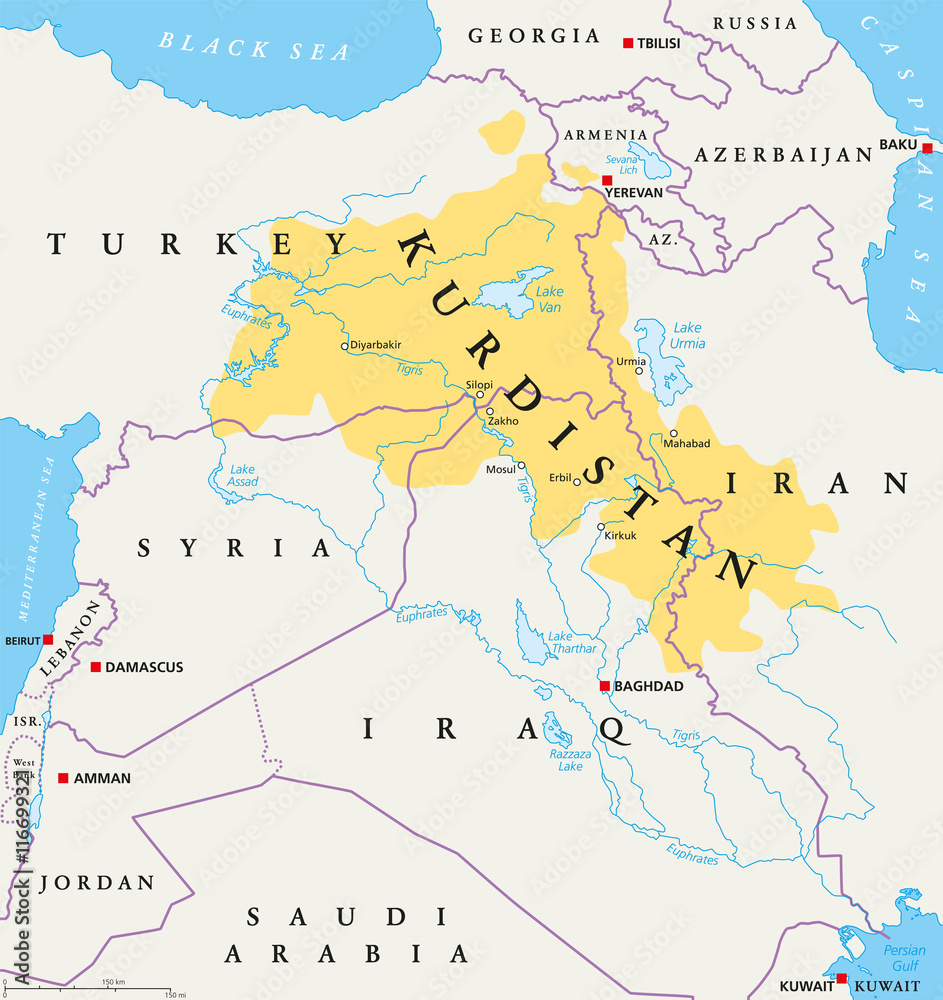 Kurdistan, Kurdish lands political map. Cultural region wherein Kurdish  people form a prominent majority. Greater Kurdistan includes parts of  Turkey, Syria, Iraq, Iran and Armenia. English labeling. Stock Vector