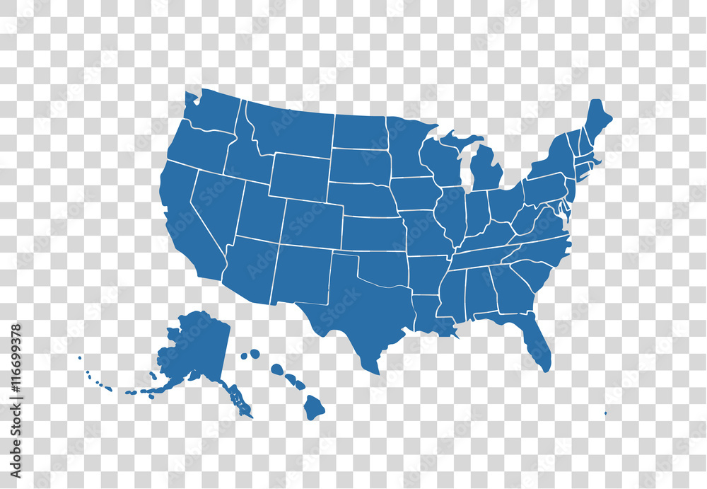 Blank similar USA map isolated on white background. United States of America country. Vector template for website, design, cover, infographics. Graph illustration. - obrazy, fototapety, plakaty 