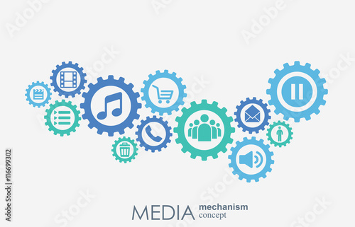 Media mechanism concept. Growth abstract background with integrated meta balls, integrated icon for digital, strategy, internet, network, connect, communicate, technology, global concepts.
