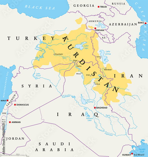 Kurdistan, Kurdish lands political map. Cultural region wherein Kurdish people form a prominent majority. Greater Kurdistan includes parts of Turkey, Syria, Iraq, Iran and Armenia. English labeling. photo