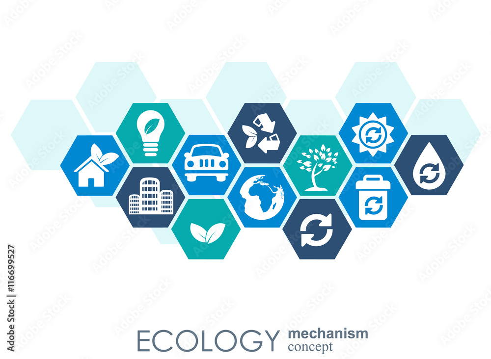 Ecology mechanism concept. Abstract background with connected gears and icons for eco friendly, energy, environment, green, recycle, bio and global concepts. Vector infographic illustration. Ecology mechanism concept. Abstract background with connected gears and icons for eco friendly, energy, environment, green, recycle, bio and global concepts. Vector infographic illustration.