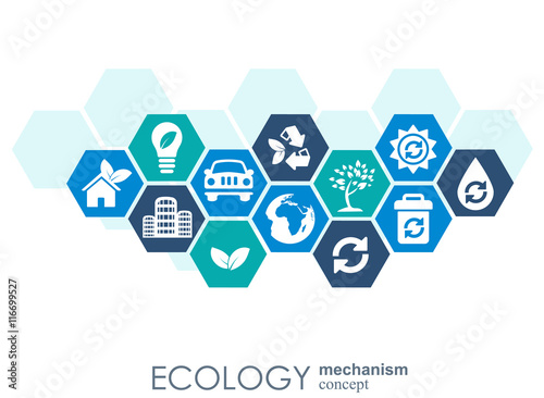 Ecology mechanism concept. Abstract background with connected gears and icons for eco friendly, energy, environment, green, recycle, bio and global concepts. Vector infographic illustration.