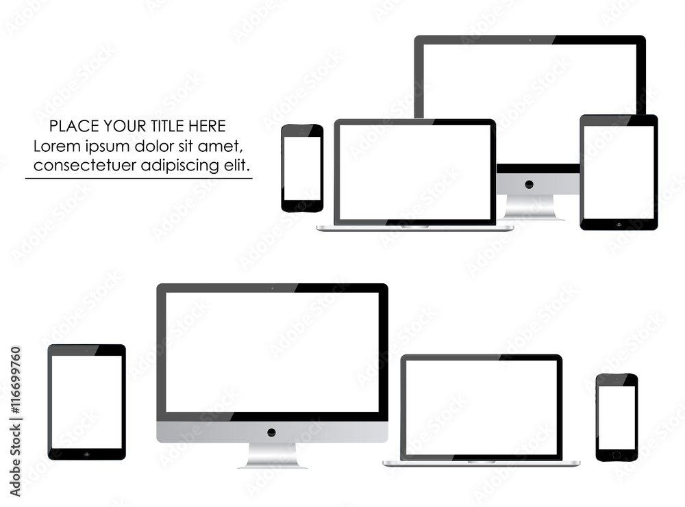 Set of realistic computer monitors, laptops, tablets and mobile phones. Electronic gadgets isolated on white background