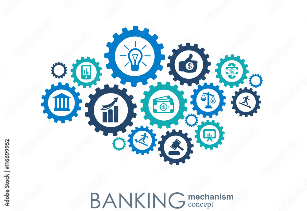 Banking mechanism. Abstract background with connected gears and integrated flat icons. Connected symbols for money, card, bank, business and finance concepts. Vector interactive illustration
