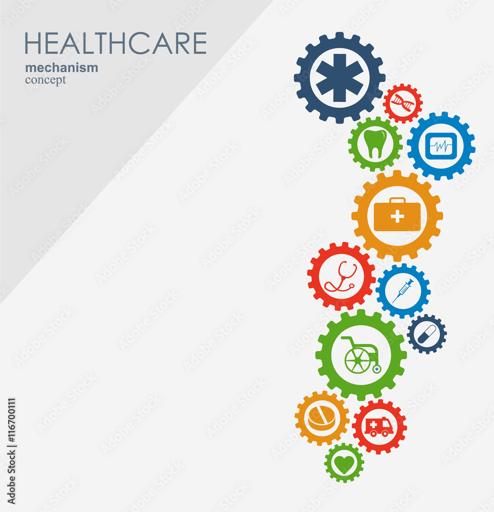 Healthcare mechanism concept. Abstract background with connected gears and icons for medical, health, strategy, care, medicine, network, social media and global concepts. Vector infographic. Healthcare mechanism concept. Abstract background with connected gears and icons for medical, health, strategy, care, medicine, network, social media and global concepts. Vector infographic.