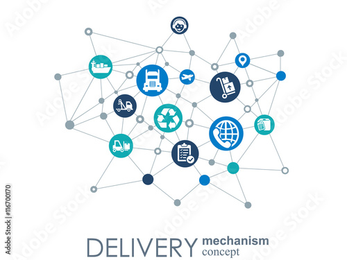 Delivery mechanism concept. Abstract background with connected gears and icons for logistic, service, strategy, shipping, distribution, transport, market, communicate concepts. Vector interactive.