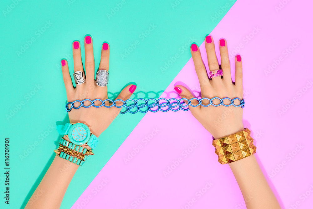 Fashion. Accessories fashion Set. Female hands Trendy Wrist Watches, Glamor bracelets and rings. Summer fashion girl Outfit, accessories. Hipster Party Minimal fashion style Stock-foto | Adobe