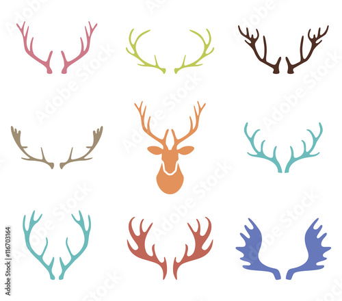 Set of hand drawn deer horns on the white background.
