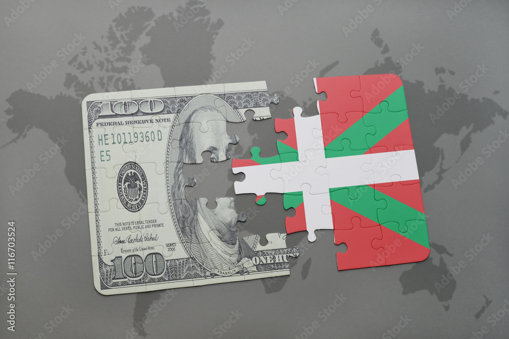 puzzle with the national flag of basque country and dollar banknote on ...