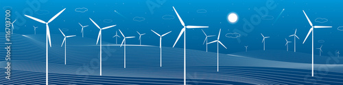 Ecology panorama, mountains landscape, windmills, wind force, energy illustration, 