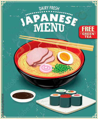 Vintage Ramen poster design. Chinese word means sushi.