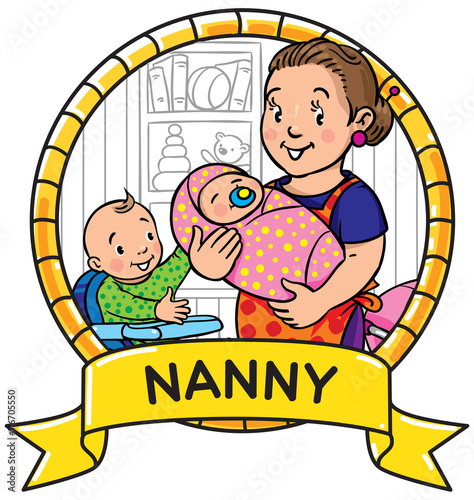 Funny mother or nanny with children. Emblem.