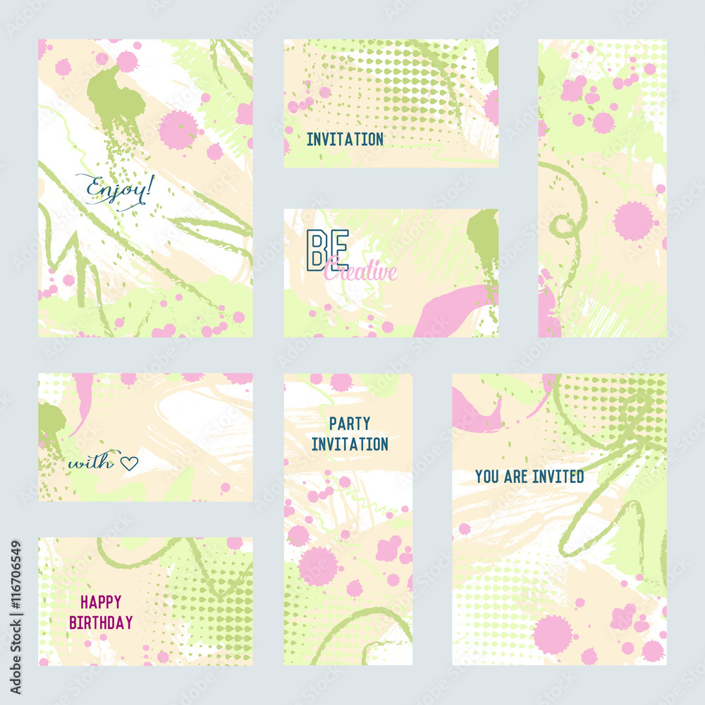 Set of creative universal cards. Hand Drawn textures. Wedding, anniversary, birthday, Valentine s day, party. Design for banner, poster, card, invitation placard brochure flyer Vector Isolated Set of creative universal cards. Hand Drawn textures. Wedding, anniversary, birthday, Valentine s day, party. Design for banner, poster, card, invitation placard brochure flyer Vector Isolated