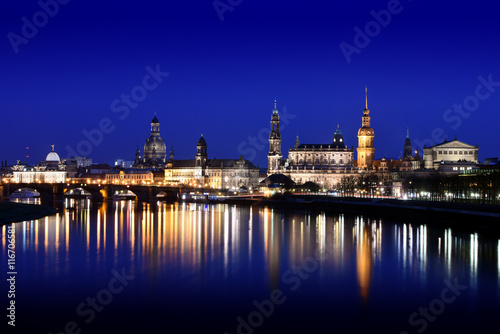 Dresden, Germany - Dresden Cathedral of the Holy Trinity and the Royal Palace seen from the Elbe river at sunset