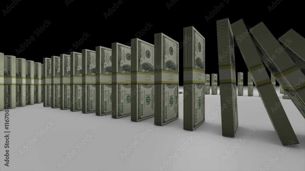 3D animation of pile of US dollar banknotes falling down and effect another one like a domino into the word lucky in 4k ultra HD