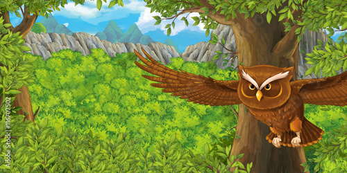 Cartoon bird - owl flying - illustration for children © honeyflavour