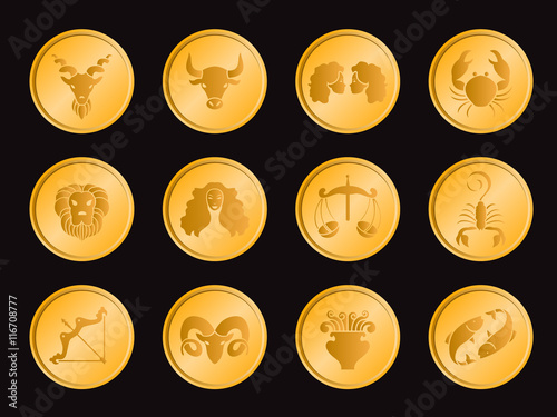 Horoscope in gold circle coin icon sign vector set design