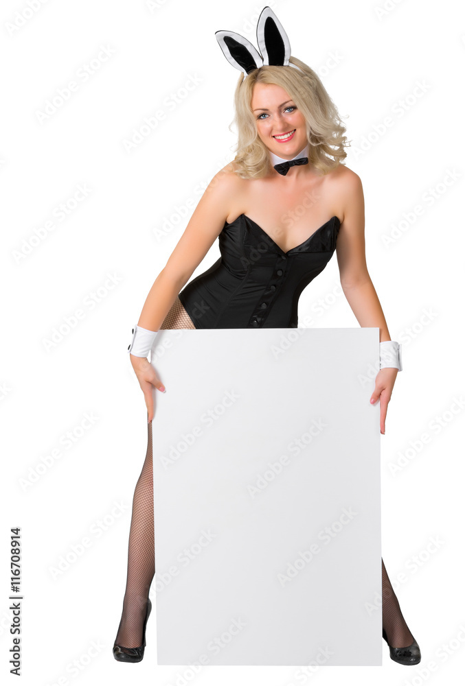 Beautiful blonde in a bunny suit with banner on white background Beautiful blonde in a bunny suit with banner on white background