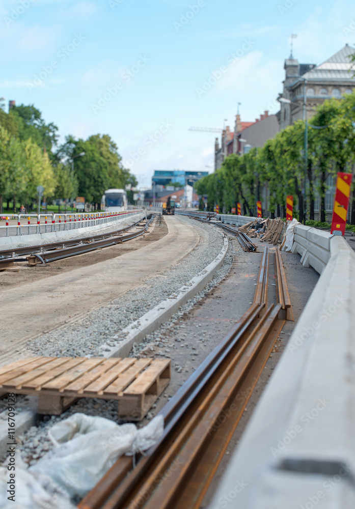 Construction site of tram railways in the city.