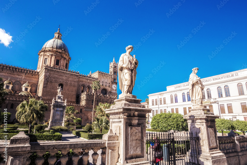 Catholic Christian Cathedral. Old Town of the City of Palermo on Sicily in Italy, Europe. Vibrant Colors. Detail Picture of the historical architecture