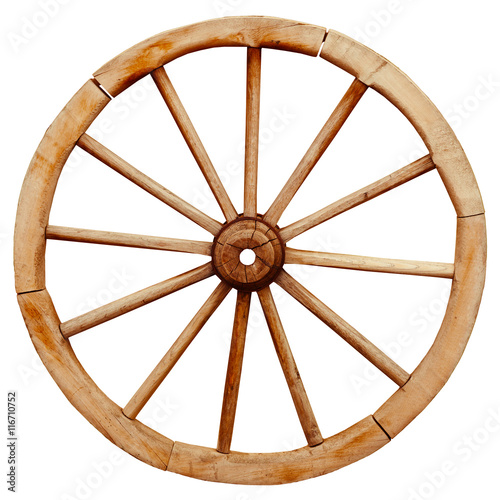 Ancient wooden grunge wagon wheel in country style isolated on w