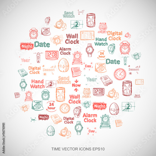 Multicolor doodles Hand Drawing Time Icons set on White. EPS10 vector illustration.