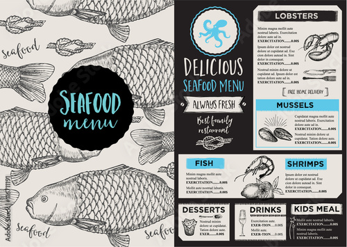 Menu seafood restaurant, template placemat.