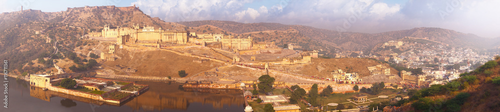 Indian landmarks - panorama with Amber fort, lake and the city.