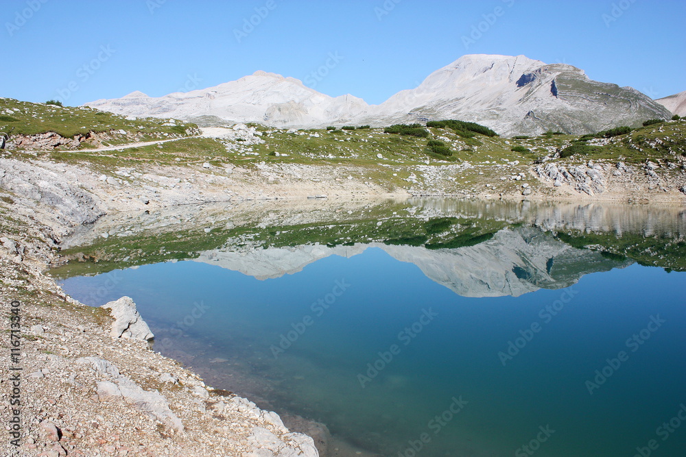 Italian mountain landscape with lake in Dolomiti FANES Nature Park 