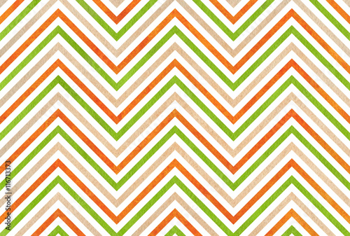 Watercolor green, orange and beige stripes background, chevron. © perekotypole