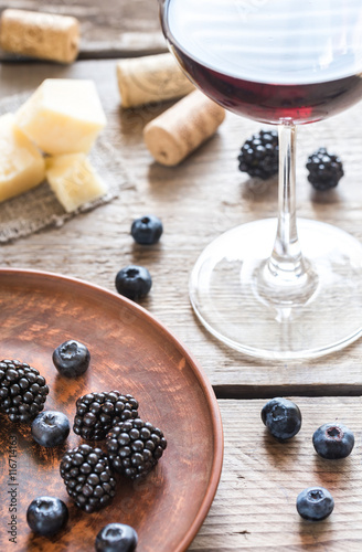 Bowl of blackberries on the wooden table