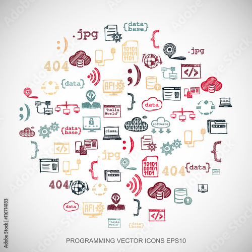 Multicolor doodles Hand Drawn Programming Icons set on White. EPS10 vector illustration.