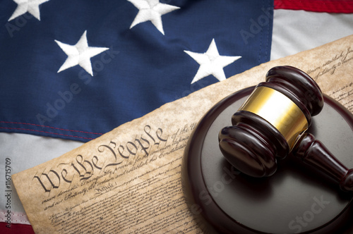 Obraz na płótnie American flag, US constitution and a judge's gavel symbolizing the American justice system or the Judicial Branch of government ( Judiciary ) w salonie