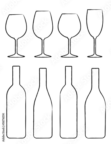 linear set of wine bottle and glasses
