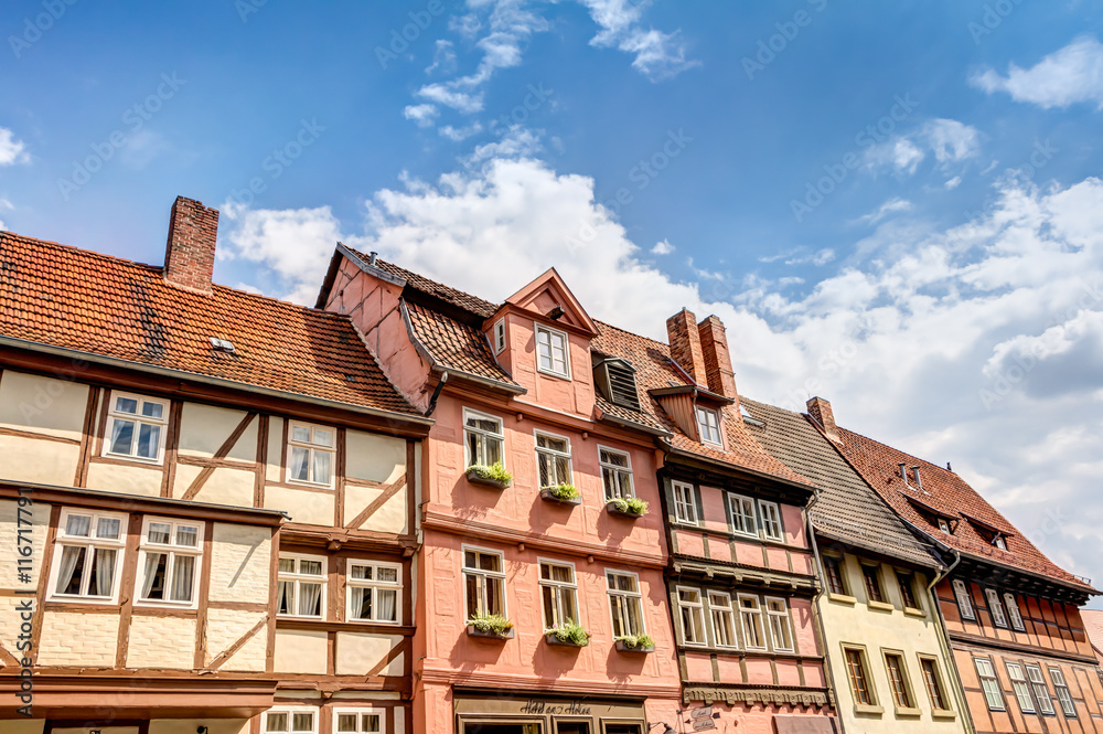 Alte, traditionelle Fachwerkhäuser in der Welterbestadt Quedlinburg im Harz