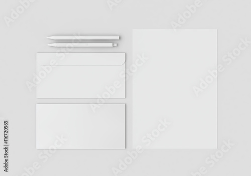 White stationery mock-up, template for branding identity on gray background.
For graphic designers presentations and portfolios. 3D rendering.