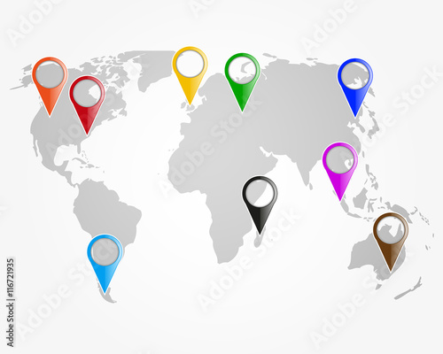 Vector background with world map and pointers, business concept