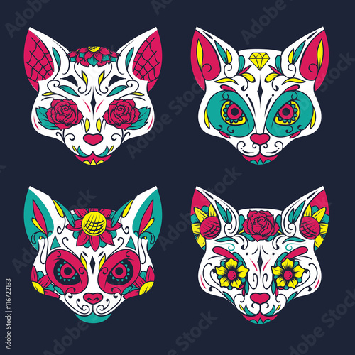 day of the dead cat skull candy with floral ornament seamless pa