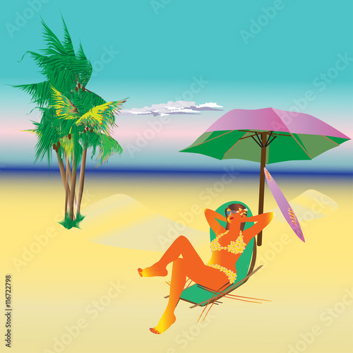 Vector illustration of a girl sunbathing on the beach.
