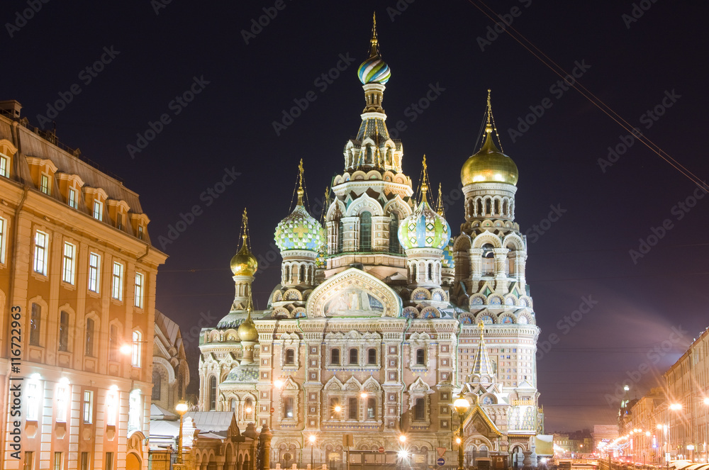 The church by the canal. White nights, Saint-Petersburg, Russia..Night view of Griboyedov Canal and Church of the Savior on Blood.