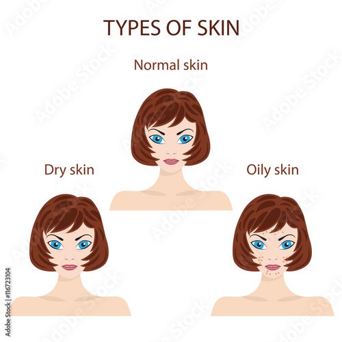 Types of skin. Oily, normal and dry.